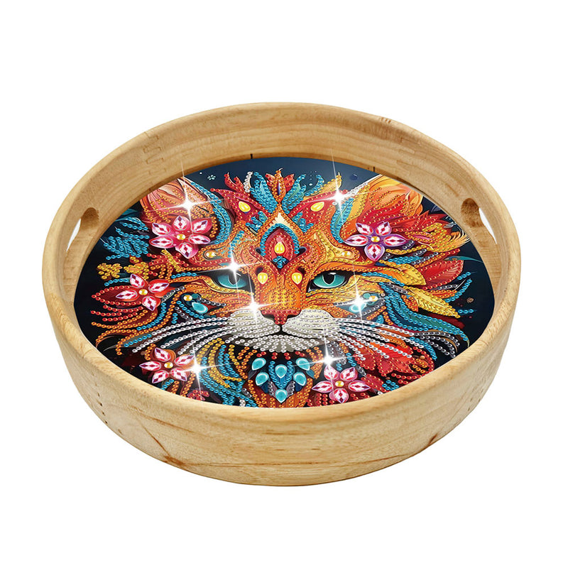 Serious Flower Cat Round Wooden Serving Tray Diamond Painting