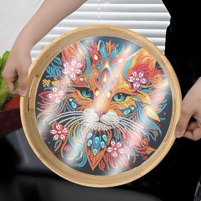 Serious Flower Cat Round Wooden Serving Tray Diamond Painting