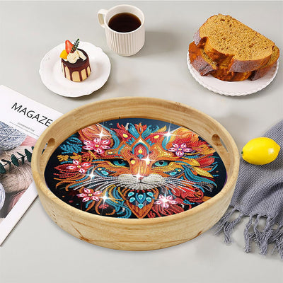 Serious Flower Cat Round Wooden Serving Tray Diamond Painting