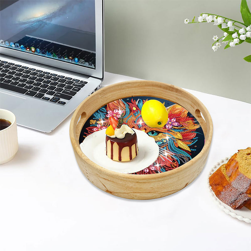 Serious Flower Cat Round Wooden Serving Tray Diamond Painting