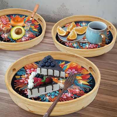 Serious Flower Cat Round Wooden Serving Tray Diamond Painting