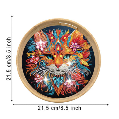 Serious Flower Cat Round Wooden Serving Tray Diamond Painting