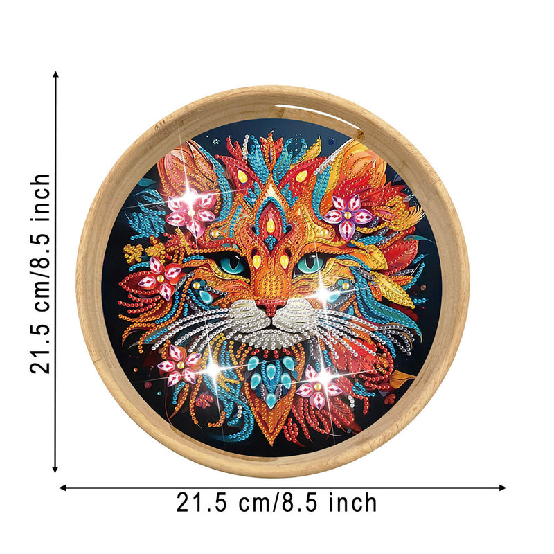 Serious Flower Cat Round Wooden Serving Tray Diamond Painting