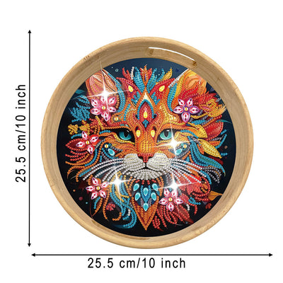 Serious Flower Cat Round Wooden Serving Tray Diamond Painting