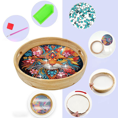 Serious Flower Cat Round Wooden Serving Tray Diamond Painting