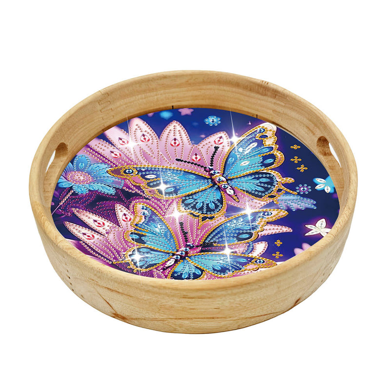 Blue Butterfly and Pink Flower Round Wooden Serving Tray Diamond Painting