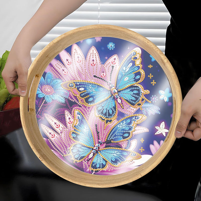 Blue Butterfly and Pink Flower Round Wooden Serving Tray Diamond Painting