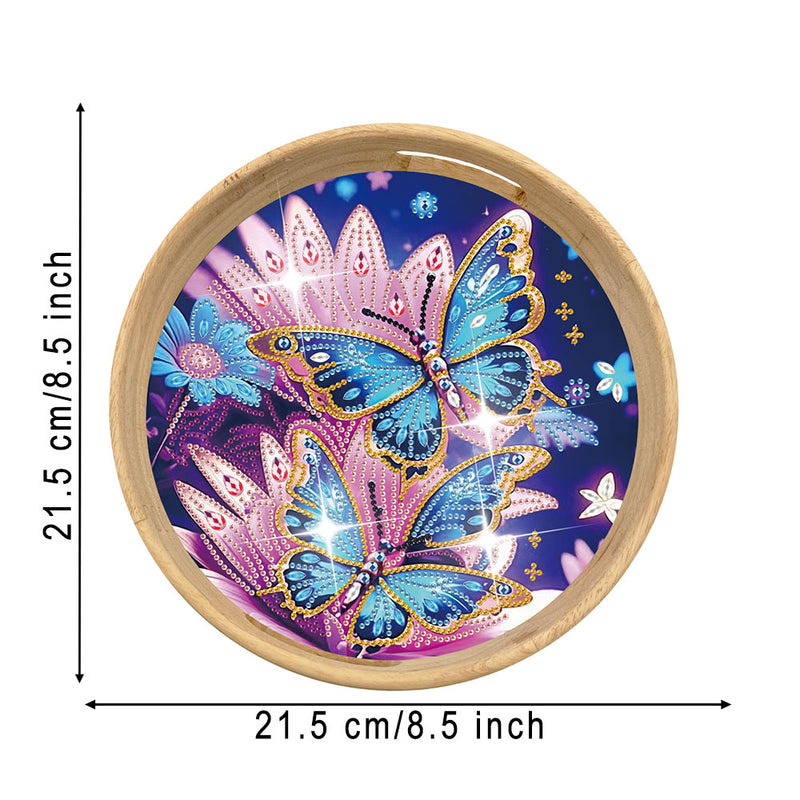 Blue Butterfly and Pink Flower Round Wooden Serving Tray Diamond Painting