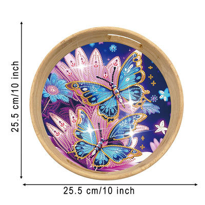 Blue Butterfly and Pink Flower Round Wooden Serving Tray Diamond Painting