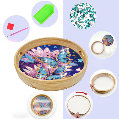 Blue Butterfly and Pink Flower Round Wooden Serving Tray Diamond Painting