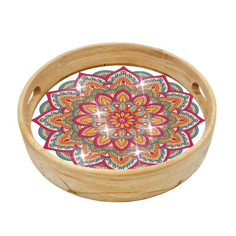 Orange and Red Mandala Round Wooden Serving Tray Diamond Painting