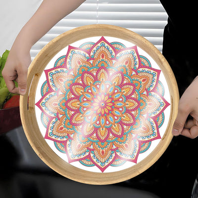 Orange and Red Mandala Round Wooden Serving Tray Diamond Painting