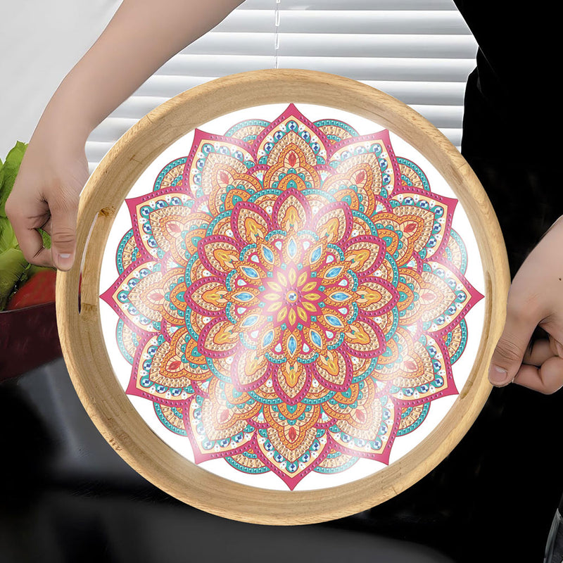 Orange and Red Mandala Round Wooden Serving Tray Diamond Painting