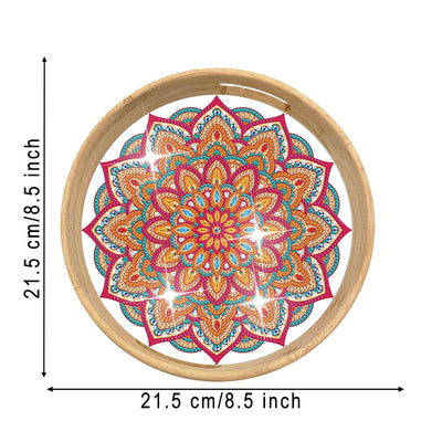 Orange and Red Mandala Round Wooden Serving Tray Diamond Painting