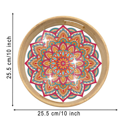 Orange and Red Mandala Round Wooden Serving Tray Diamond Painting