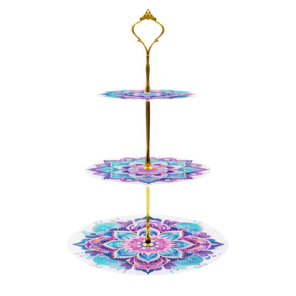 3-Tiered Pink and Green Lotus Mandala Acrylic Serving Tray Diamond Painting