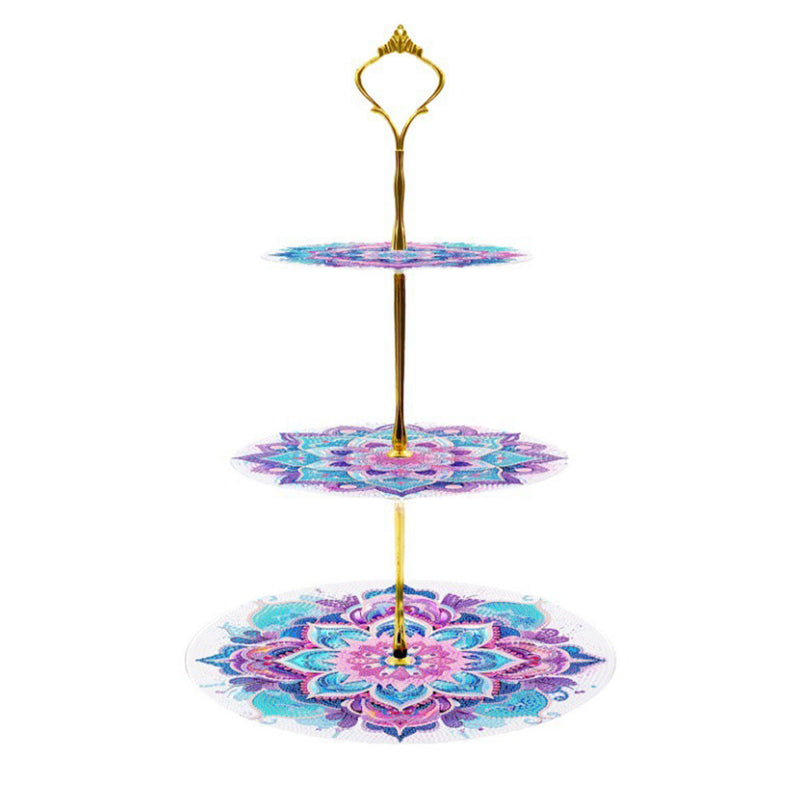 3-Tiered Pink and Green Lotus Mandala Acrylic Serving Tray Diamond Painting