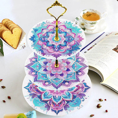 3-Tiered Pink and Green Lotus Mandala Acrylic Serving Tray Diamond Painting