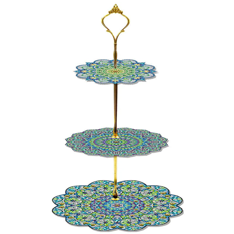 3-Tiered Green Flower Mandala Acrylic Serving Tray Diamond Painting