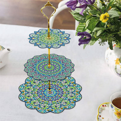 3-Tiered Green Flower Mandala Acrylic Serving Tray Diamond Painting