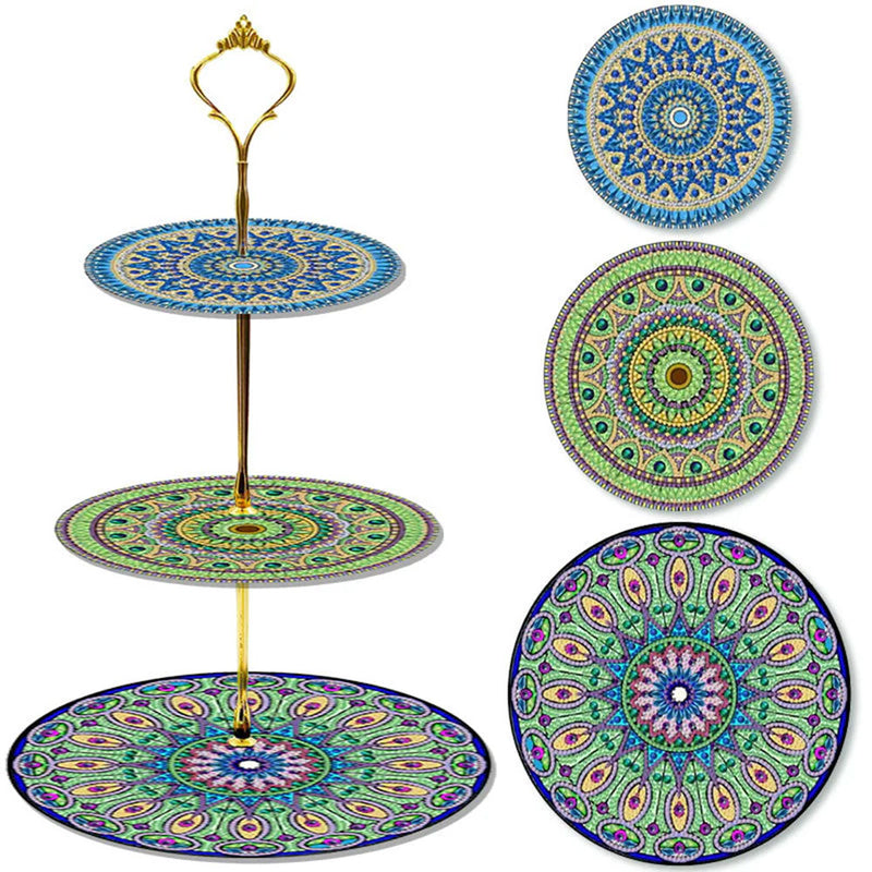 3-Tiered Green and Blue Mandala Acrylic Serving Tray Diamond Painting