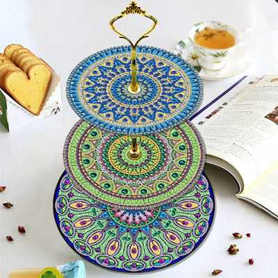 3-Tiered Green and Blue Mandala Acrylic Serving Tray Diamond Painting