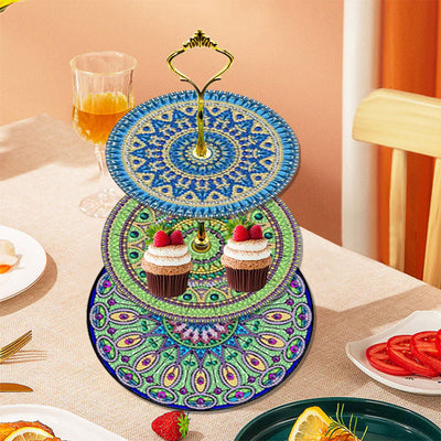 3-Tiered Green and Blue Mandala Acrylic Serving Tray Diamond Painting