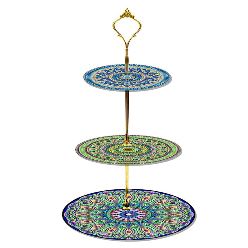 3-Tiered Green and Blue Mandala Acrylic Serving Tray Diamond Painting