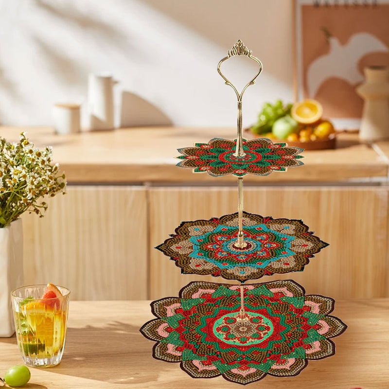 3-Tiered Dark Mandala Acrylic Serving Tray Diamond Painting