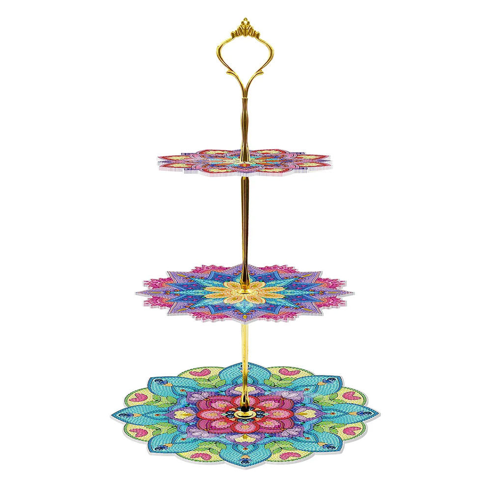 3-Tiered Colorful Lotus Mandala Acrylic Serving Tray Diamond Painting