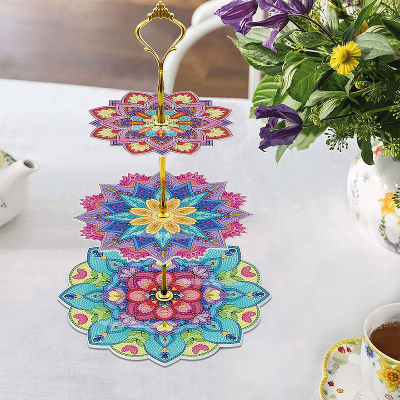 3-Tiered Colorful Lotus Mandala Acrylic Serving Tray Diamond Painting