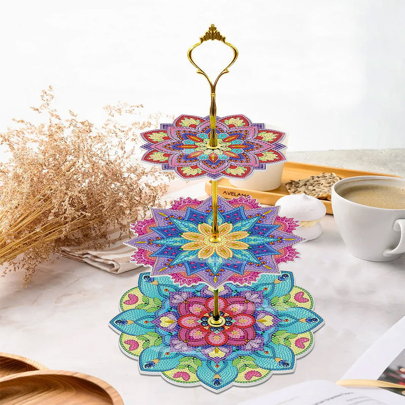 3-Tiered Colorful Lotus Mandala Acrylic Serving Tray Diamond Painting