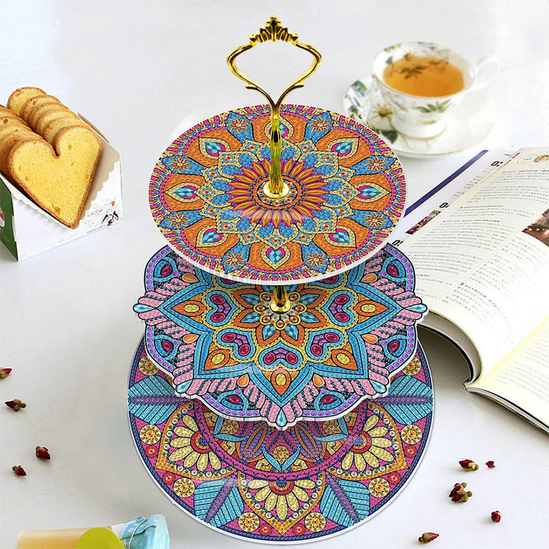 3-Tiered Colorful Mandala Acrylic Serving Tray Diamond Painting