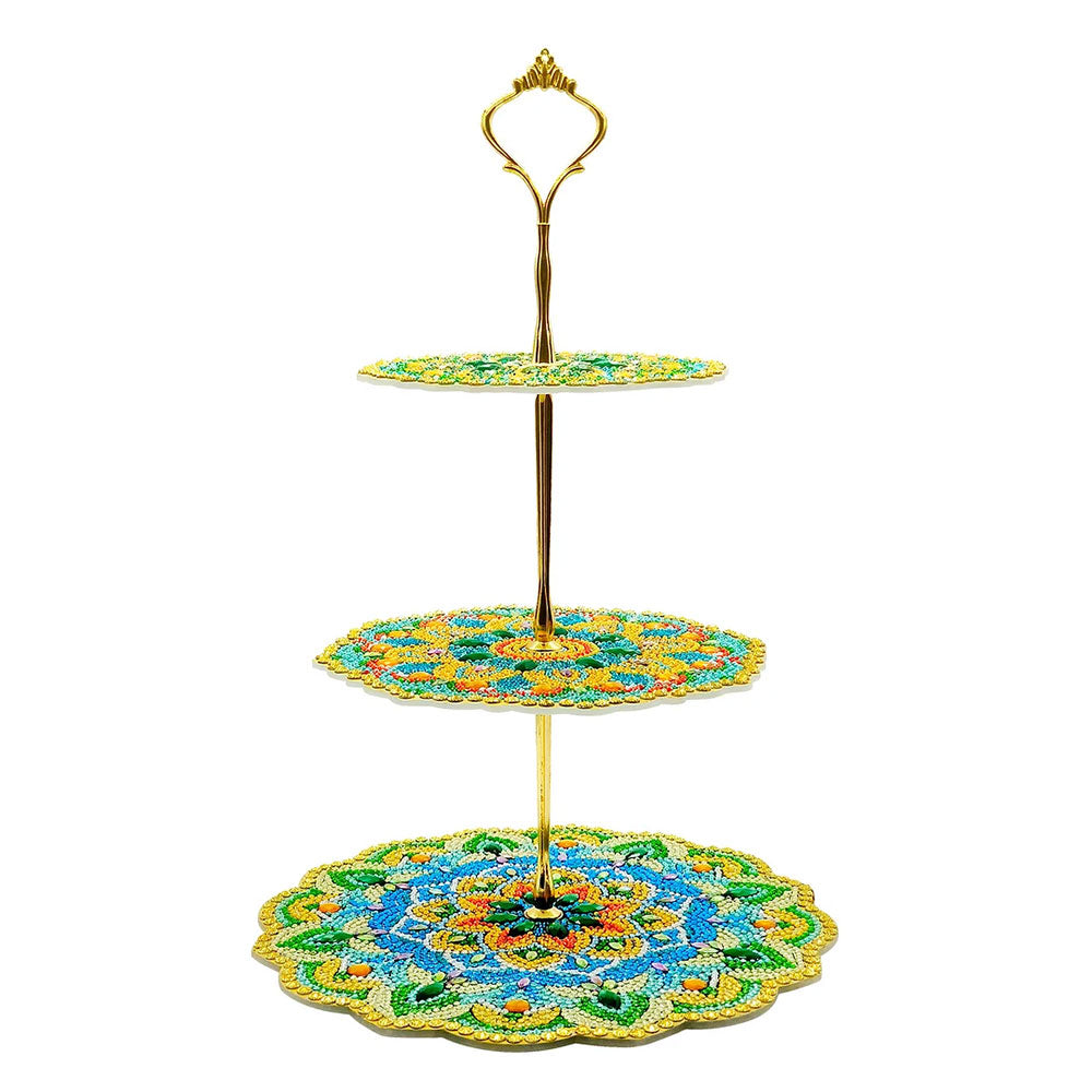 3-Tiered Green and Yellow Lotus Mandala Acrylic Serving Tray Diamond Painting