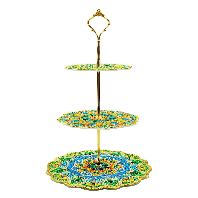 3-Tiered Green and Yellow Lotus Mandala Acrylic Serving Tray Diamond Painting