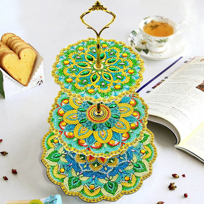 3-Tiered Green and Yellow Lotus Mandala Acrylic Serving Tray Diamond Painting