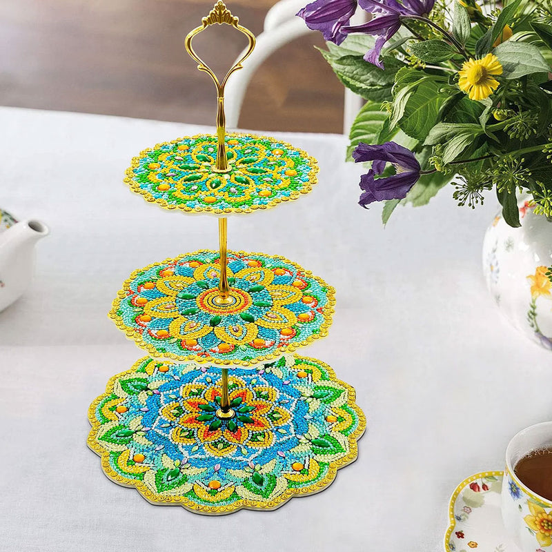 3-Tiered Green and Yellow Lotus Mandala Acrylic Serving Tray Diamond Painting