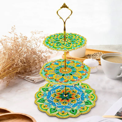 3-Tiered Green and Yellow Lotus Mandala Acrylic Serving Tray Diamond Painting