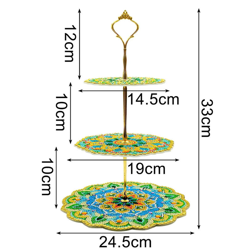 3-Tiered Green and Yellow Lotus Mandala Acrylic Serving Tray Diamond Painting