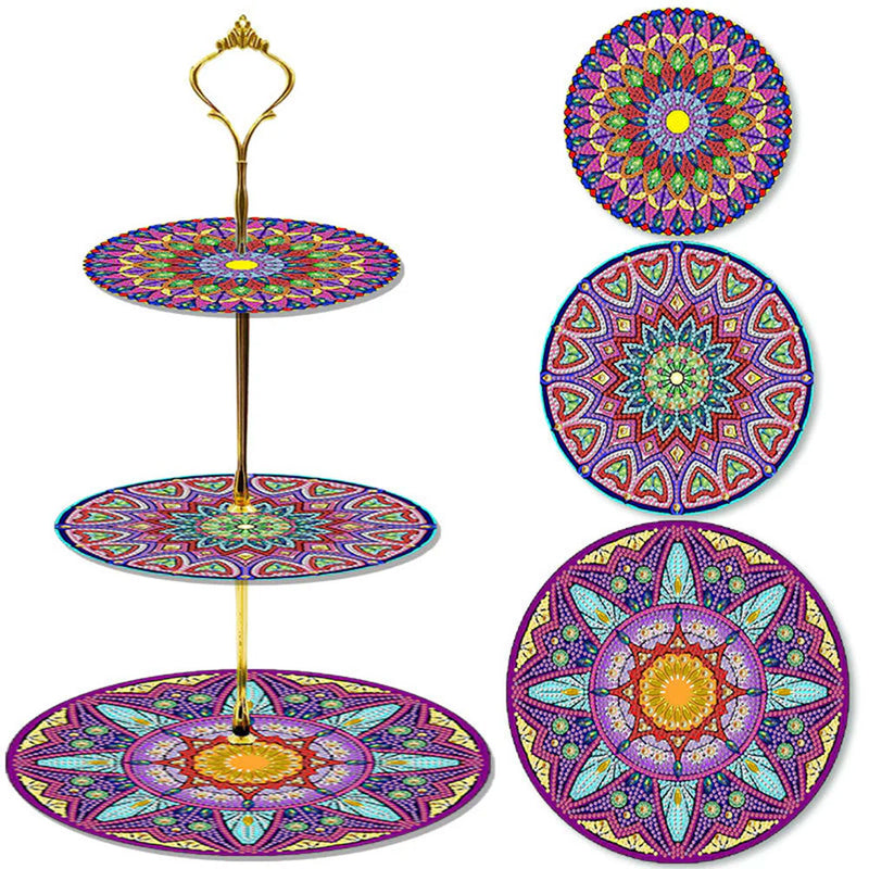 3-Tiered Purple Red Mandala Acrylic Serving Tray Diamond Painting