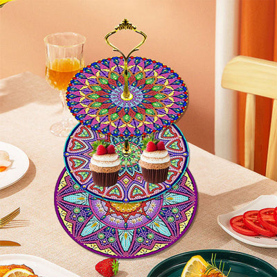 3-Tiered Purple Red Mandala Acrylic Serving Tray Diamond Painting