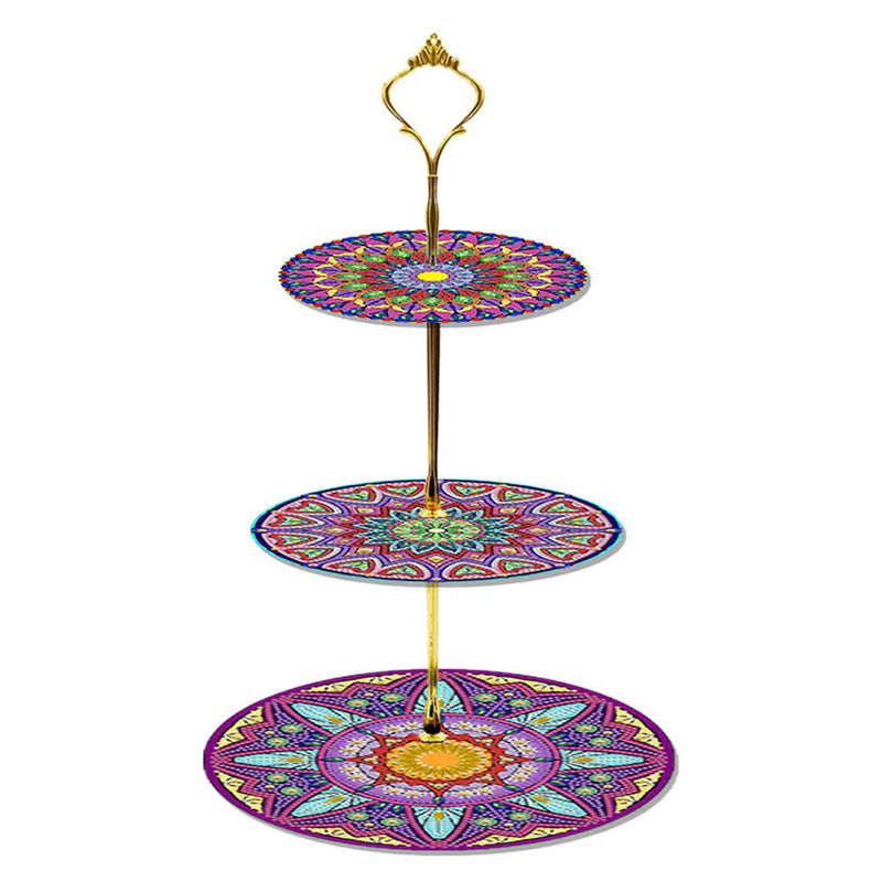 3-Tiered Purple Red Mandala Acrylic Serving Tray Diamond Painting