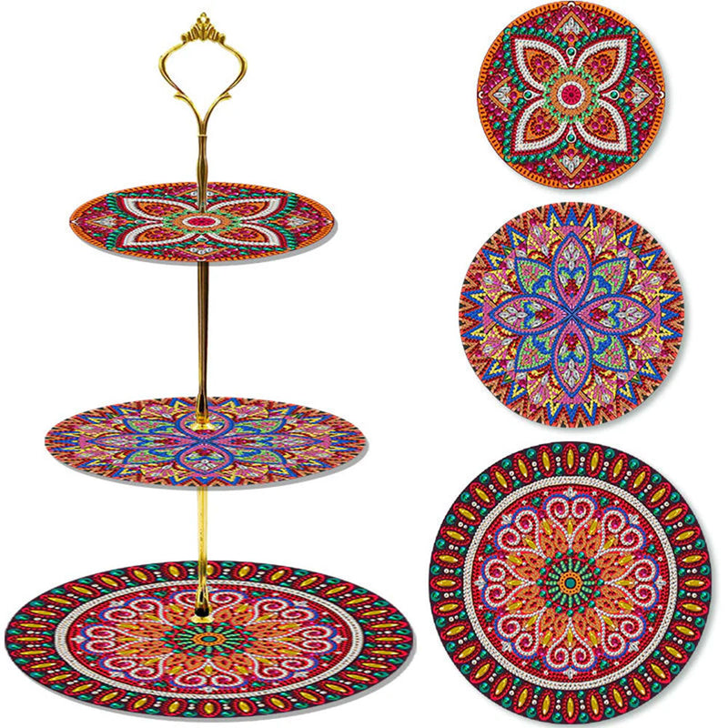 3-Tiered Dark Red Mandala Acrylic Serving Tray Diamond Painting