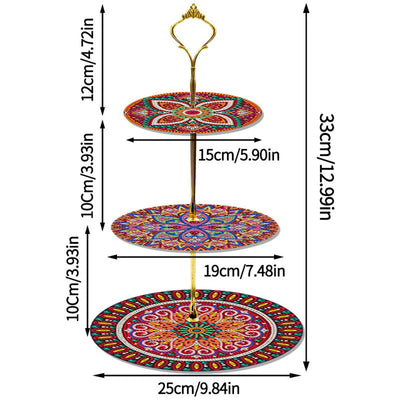 3-Tiered Dark Red Mandala Acrylic Serving Tray Diamond Painting