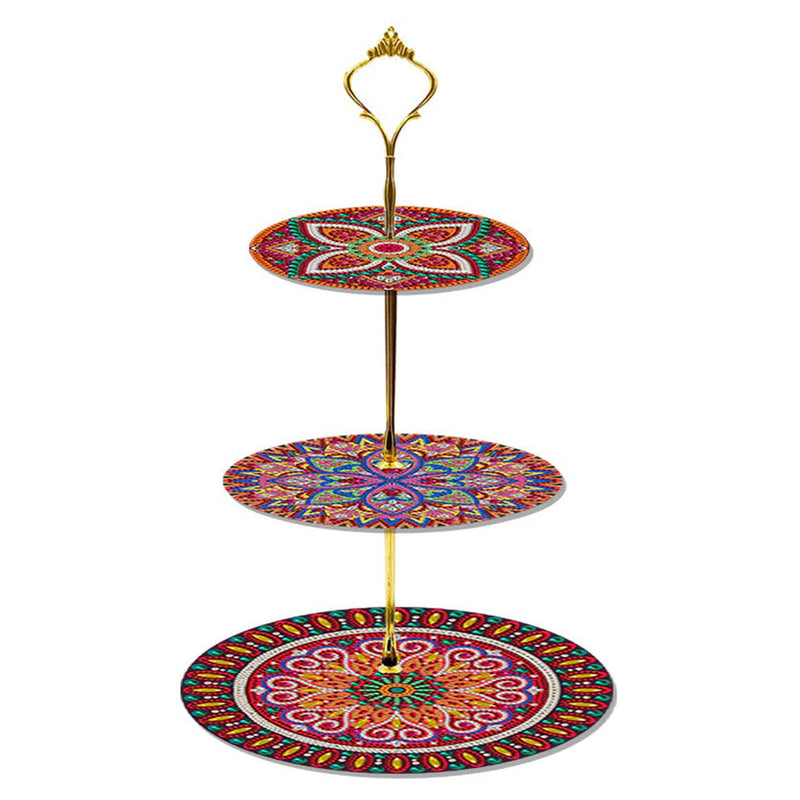 3-Tiered Dark Red Mandala Acrylic Serving Tray Diamond Painting