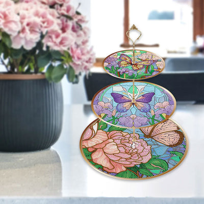 3-Tiered Butterfly and Peony Flower Acrylic Serving Tray Diamond Painting