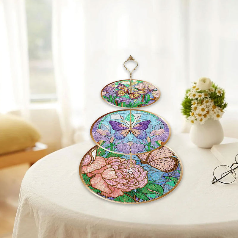 3-Tiered Butterfly and Peony Flower Acrylic Serving Tray Diamond Painting