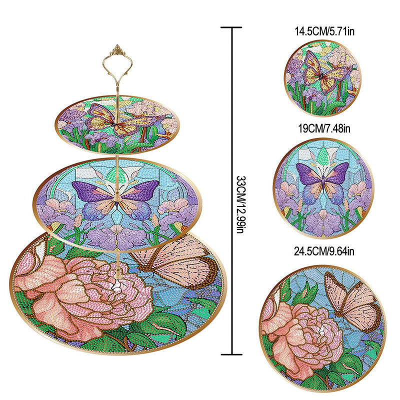 3-Tiered Butterfly and Peony Flower Acrylic Serving Tray Diamond Painting