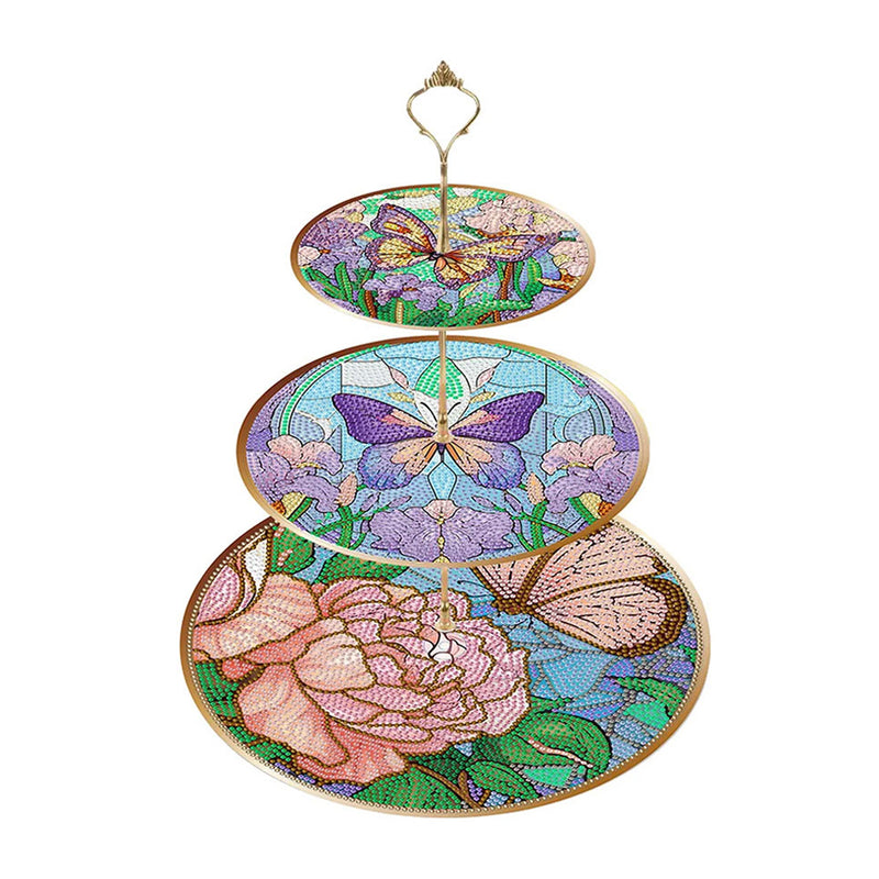 3-Tiered Butterfly and Peony Flower Acrylic Serving Tray Diamond Painting