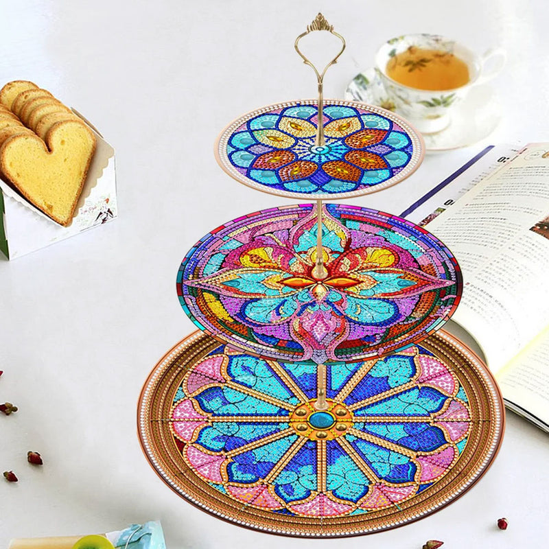 3-Tiered Colorful Flower Mandala Acrylic Serving Tray Diamond Painting